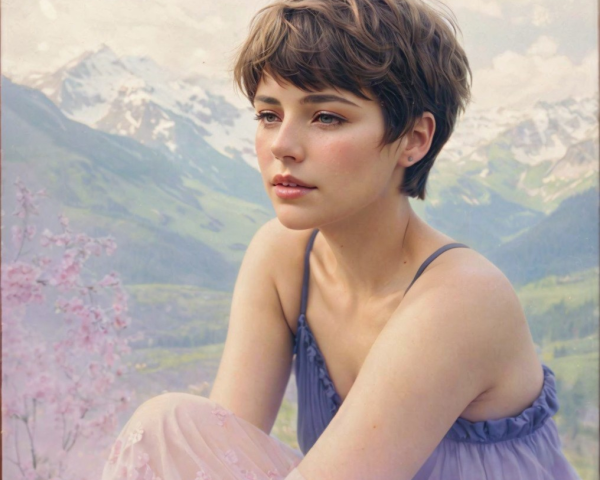 Young Woman in Lavender Dress Among Cherry Blossoms