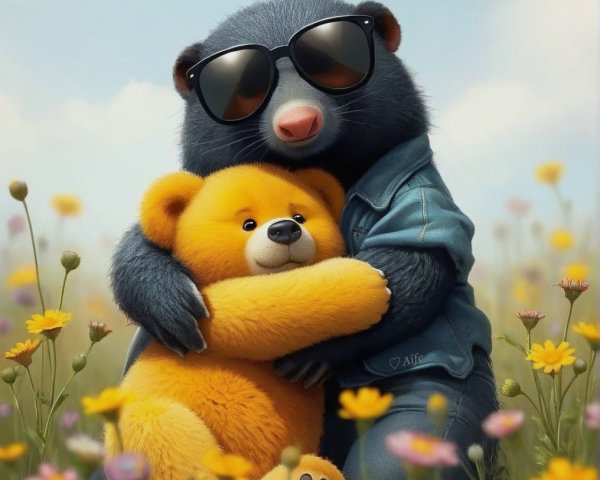 Playful Bear Scene in a Colorful Flower Meadow