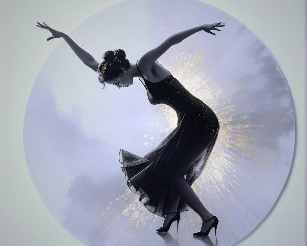 Elegant dancer in black dress with radiant background
