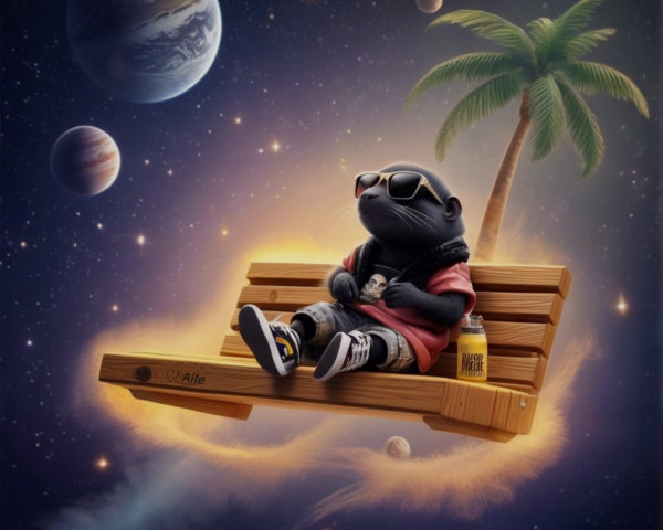 Cartoon Bear Character in Cosmic Tropical Scene