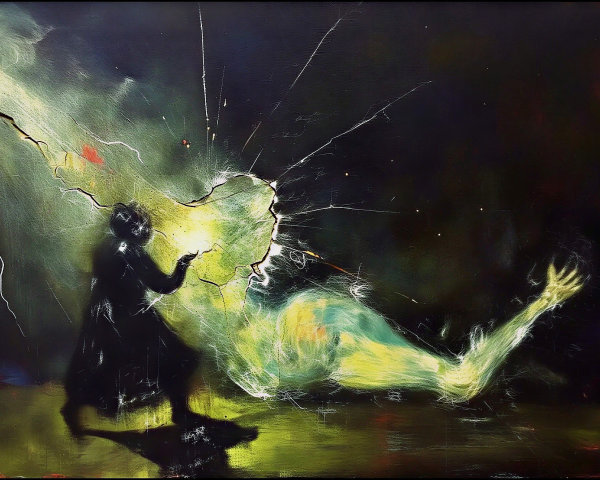Dramatic Painting of Shadowy Figure and Ethereal Entity