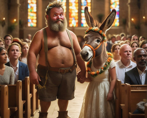 Whimsical Church Scene with Man and Decorated Donkey