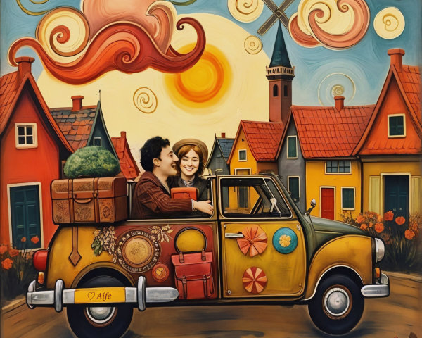 Cheerful Couple in Vintage Car Amid Whimsical Landscape