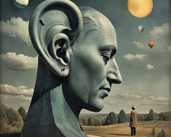 Surreal landscape with a giant stone head and balloons