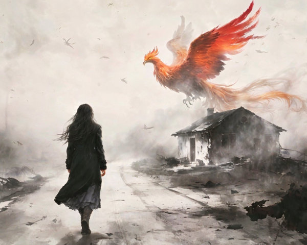 Woman Walking Down Misty Road with Phoenix Above