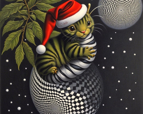 Olive-Green Cat Creature in Santa Hat on Sphere