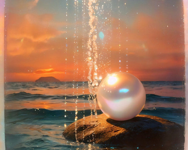 Pearl on Rocky Outcrop in Tranquil Sunset Waters