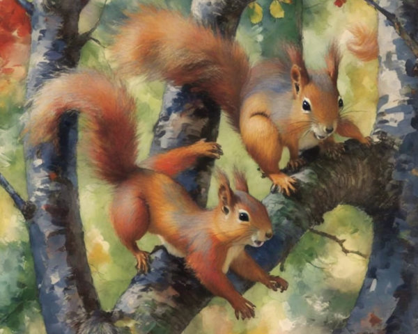 Squirrels on Tree Branch in Woodland Setting