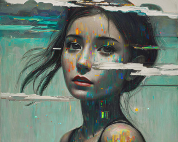 Young Woman's Face with Abstract Colorful Lines