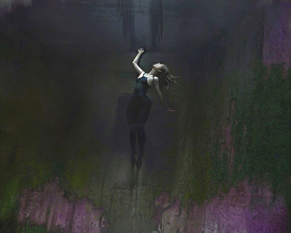 Solitary Figure in Ethereal Cavern with Light and Vines