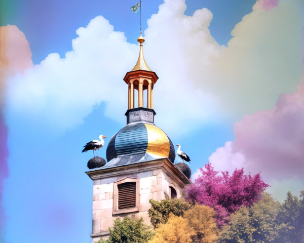Colorful Dome Building with Storks and Vibrant Trees