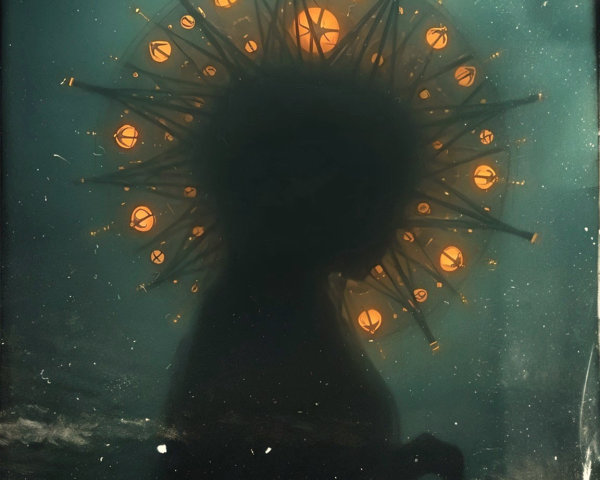 Mysterious Underwater Figure with Luminous Headdress