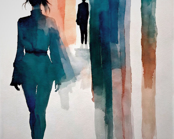 Silhouette of Woman in Vibrant Watercolor Scene