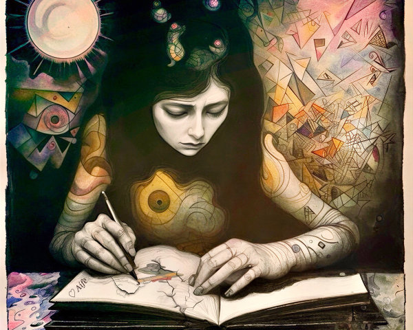 Contemplative Figure Writing Among Abstract Patterns