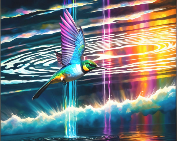 Iridescent Bird Flying Over Shimmering Water Scene