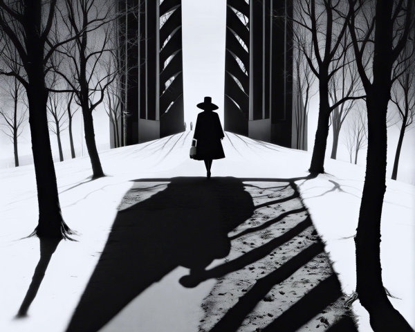 Solitary Figure on Snowy Path with Dramatic Shadows