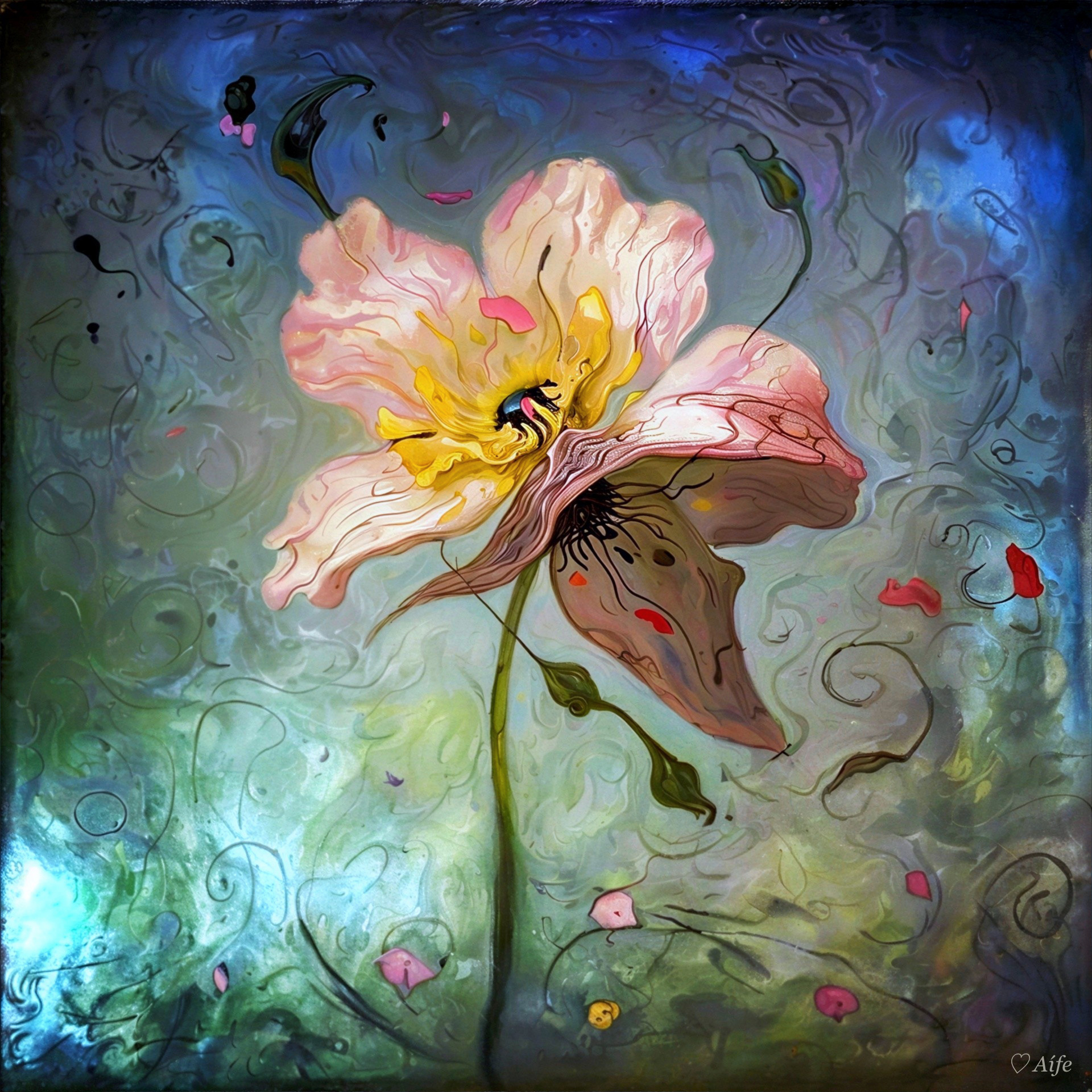 Delicate Pink Flower with Blue and Green Background