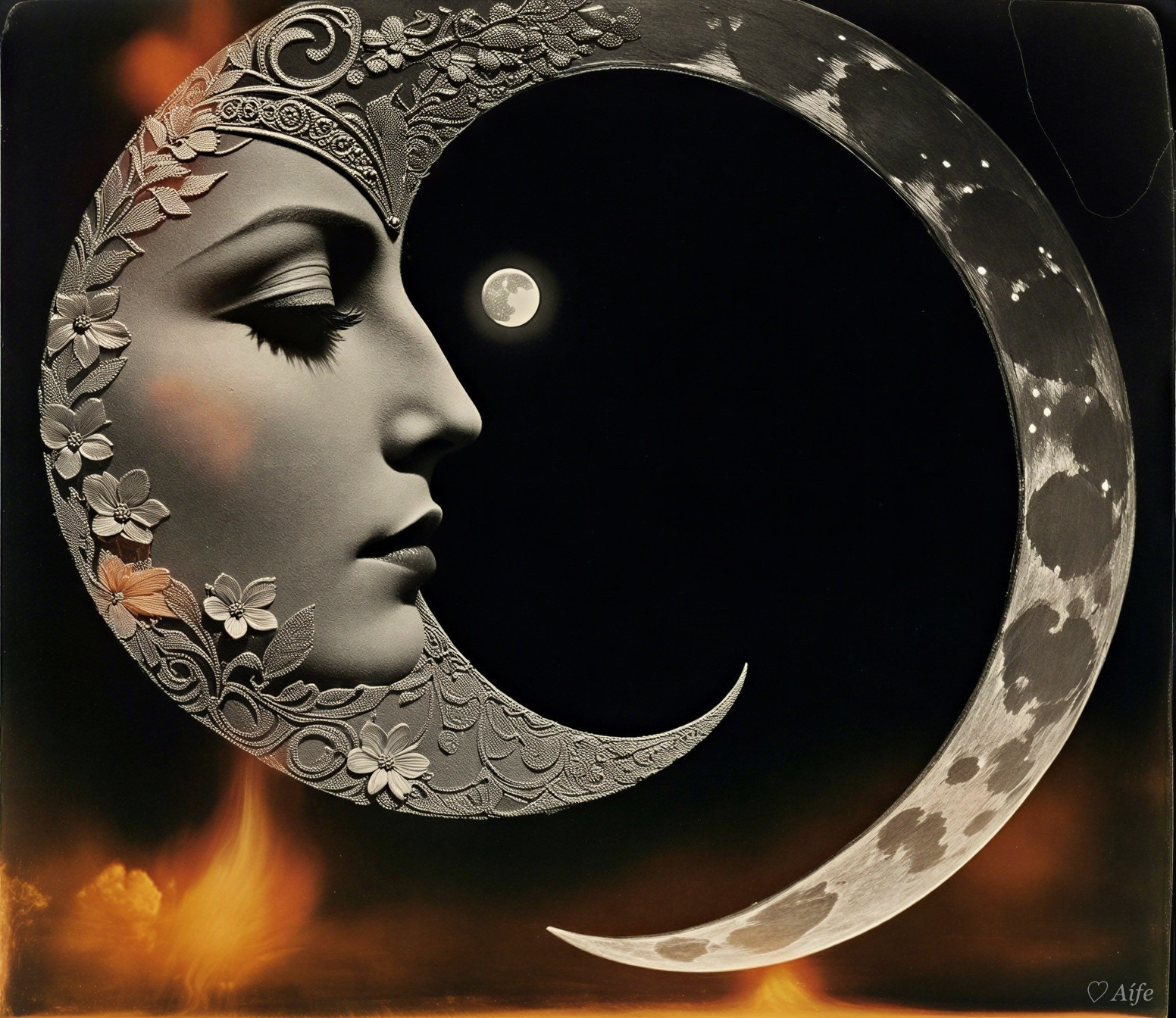 Crescent Moon and Woman's Face in Dreamlike Scene