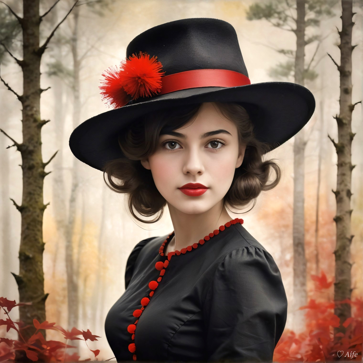 Young Woman in Vintage Style Surrounded by Autumn Forest