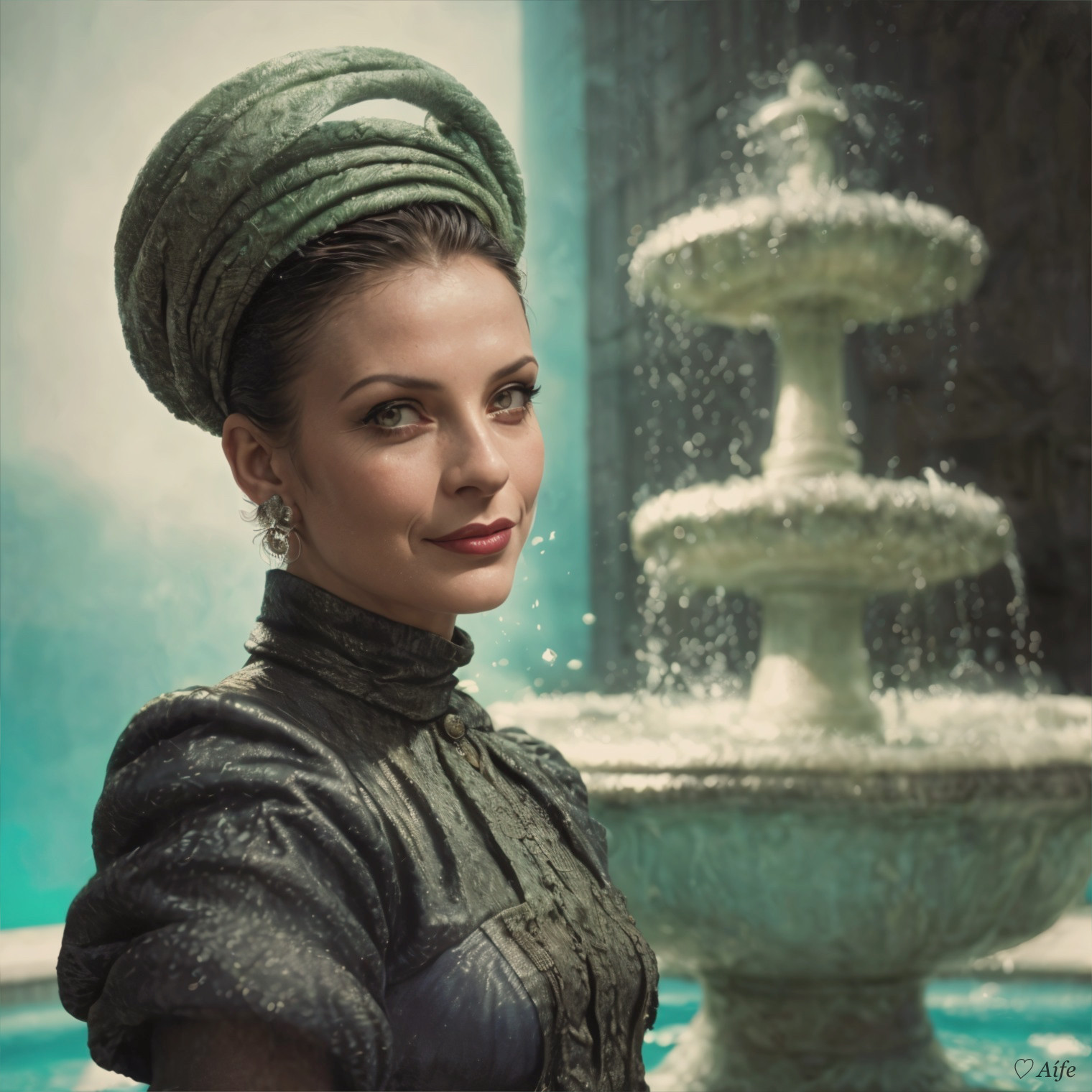 Elegant Portrait of a Woman by a Shimmering Fountain