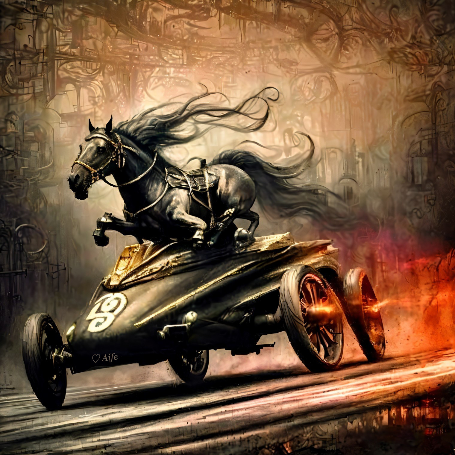 Black Horse Emerges from Vintage Steampunk Car