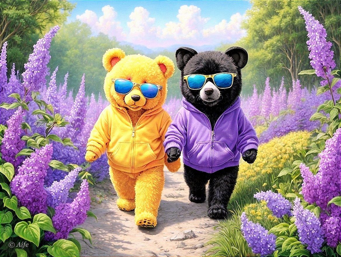 Cartoon Bears in Colorful Hoodies on Flower Path