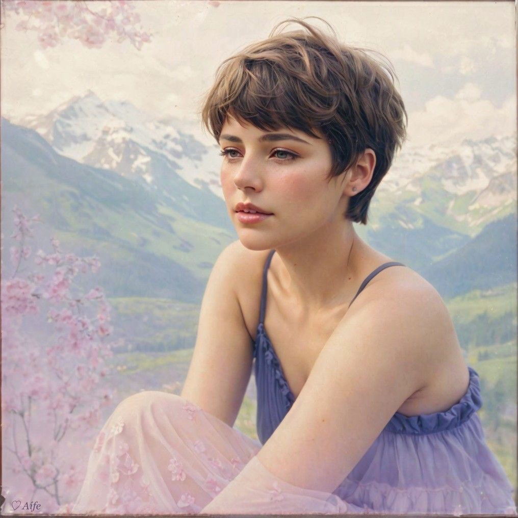 Young Woman in Lavender Dress Among Cherry Blossoms