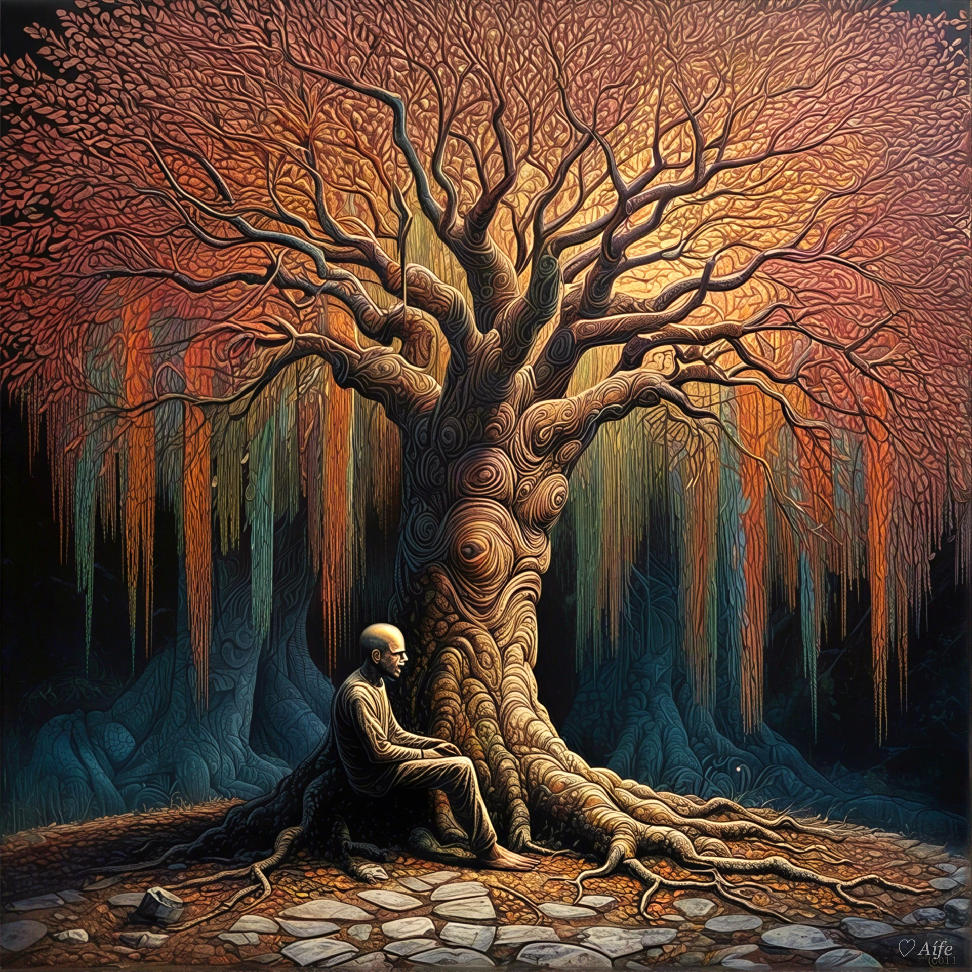 Solitary Figure Beneath a Majestic Autumn Tree