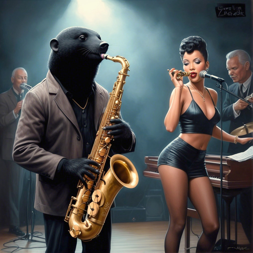 Bear in Suit Playing Saxophone at Jazz Club