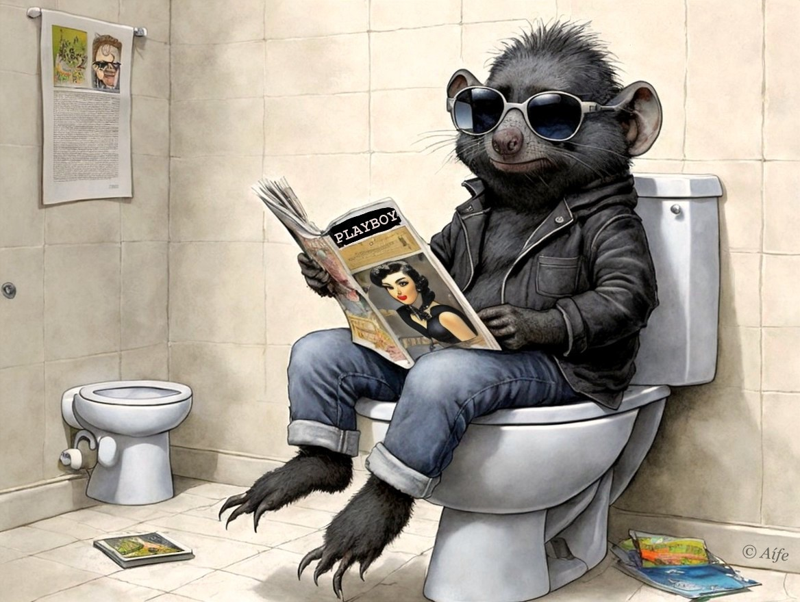 Humorous Scene of an Anthropomorphic Creature in Bathroom