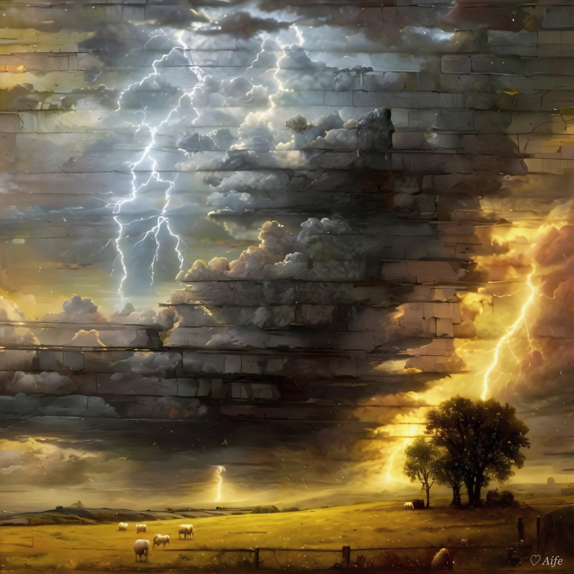 Dramatic Landscape with Stormy Sky and Serene Field