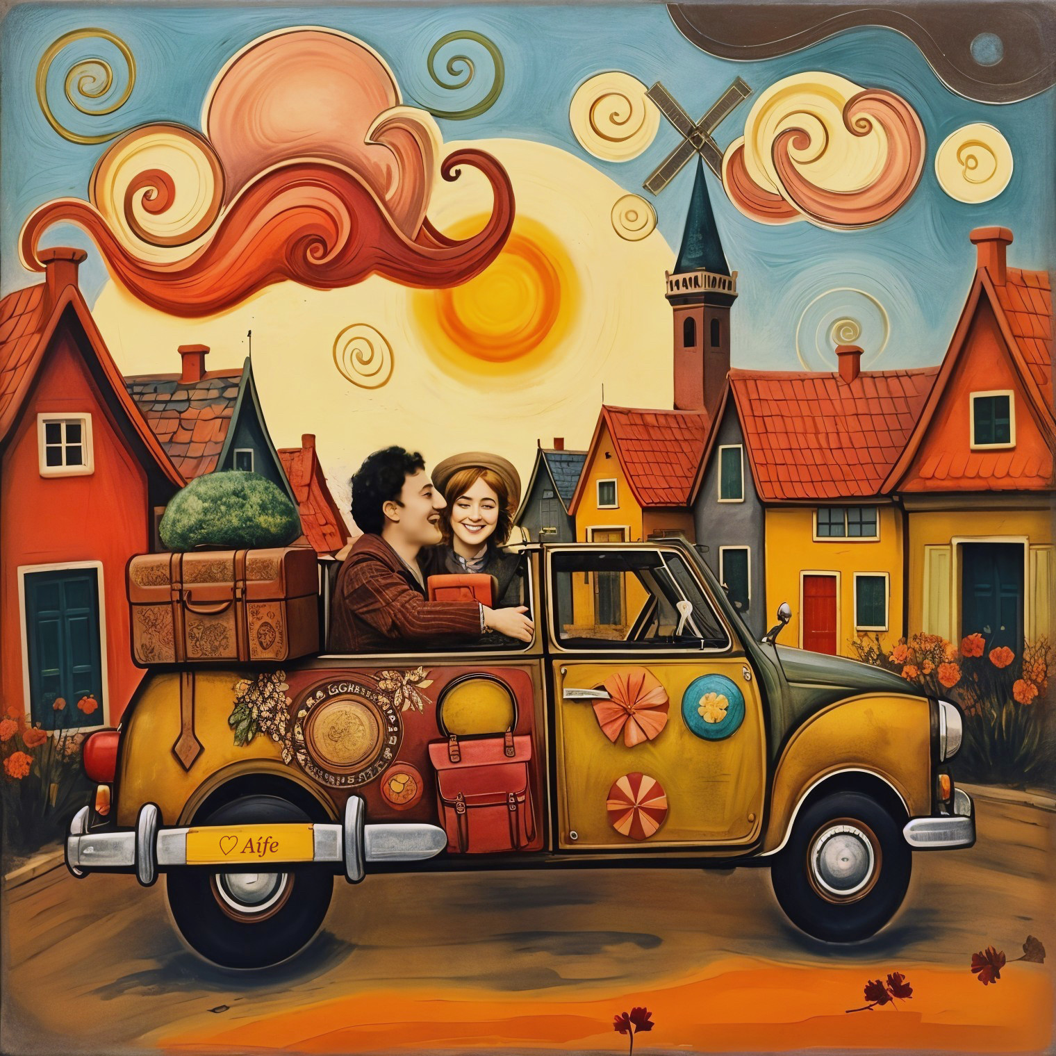Cheerful Couple in Vintage Car Amid Whimsical Landscape