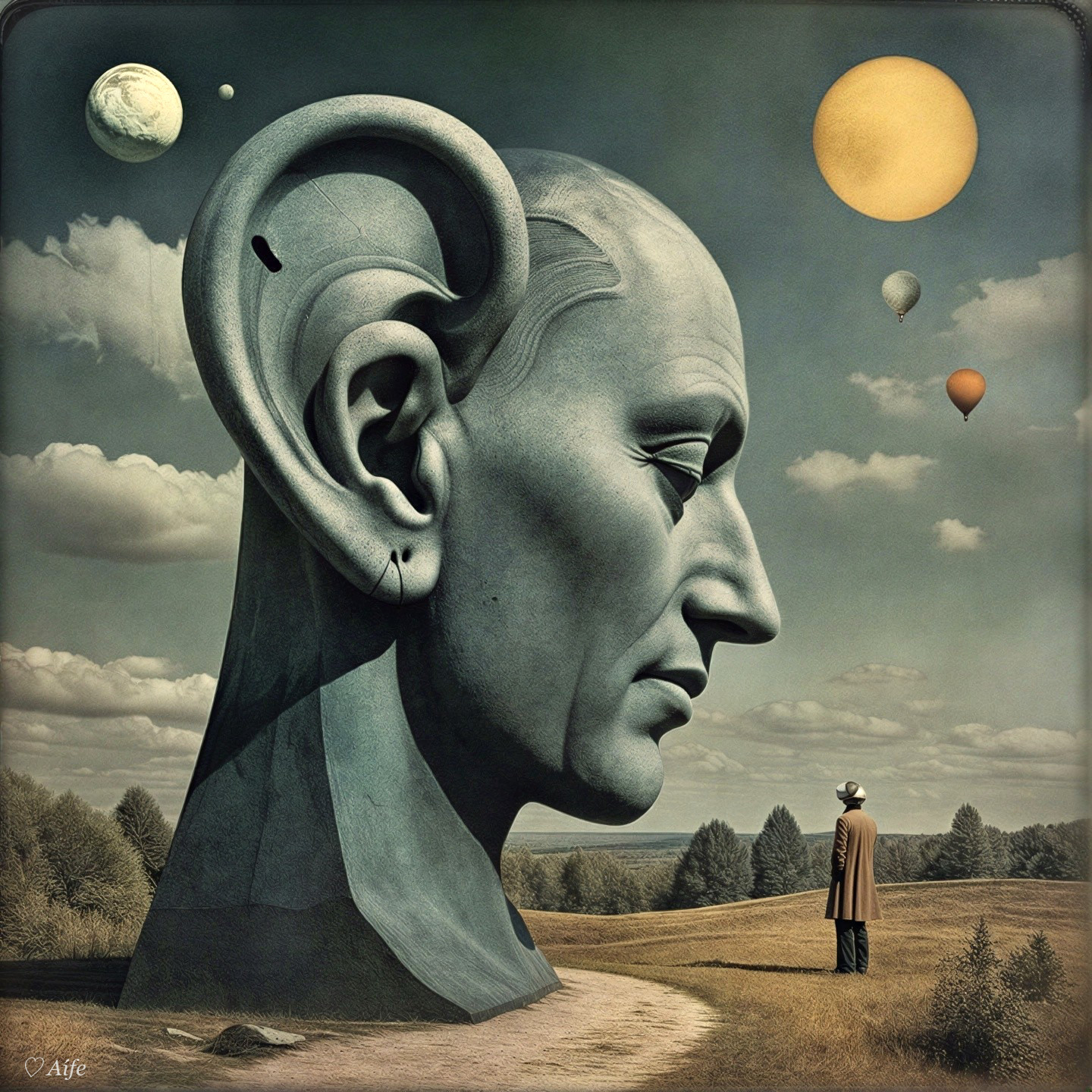 Surreal landscape with a giant stone head and balloons