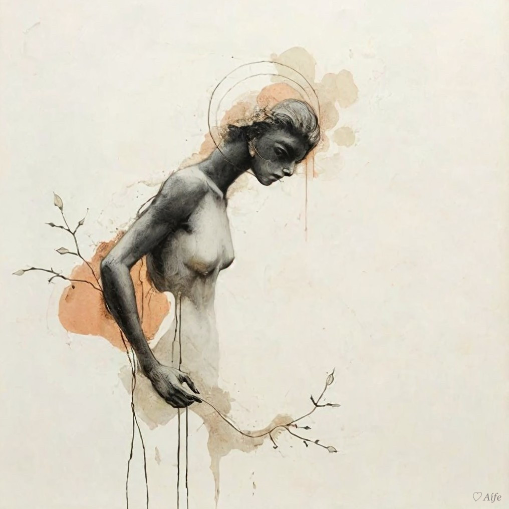 Monochromatic Woman with Halo and Nature Symbolism