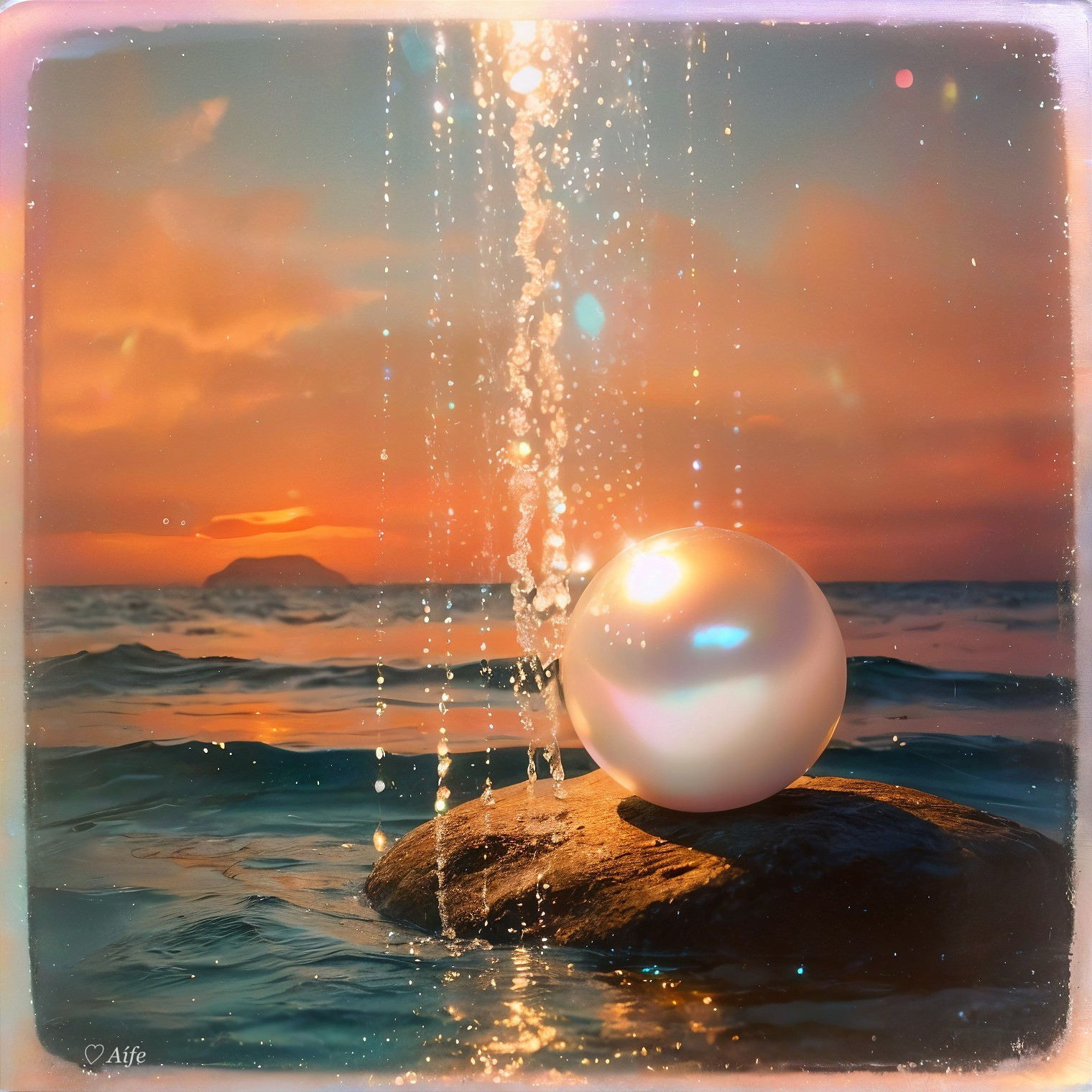 Pearl on Rocky Outcrop in Tranquil Sunset Waters