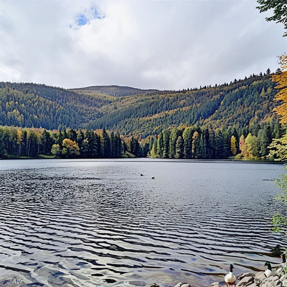 Serene Lake Surrounded by Autumn Foliage and Forests