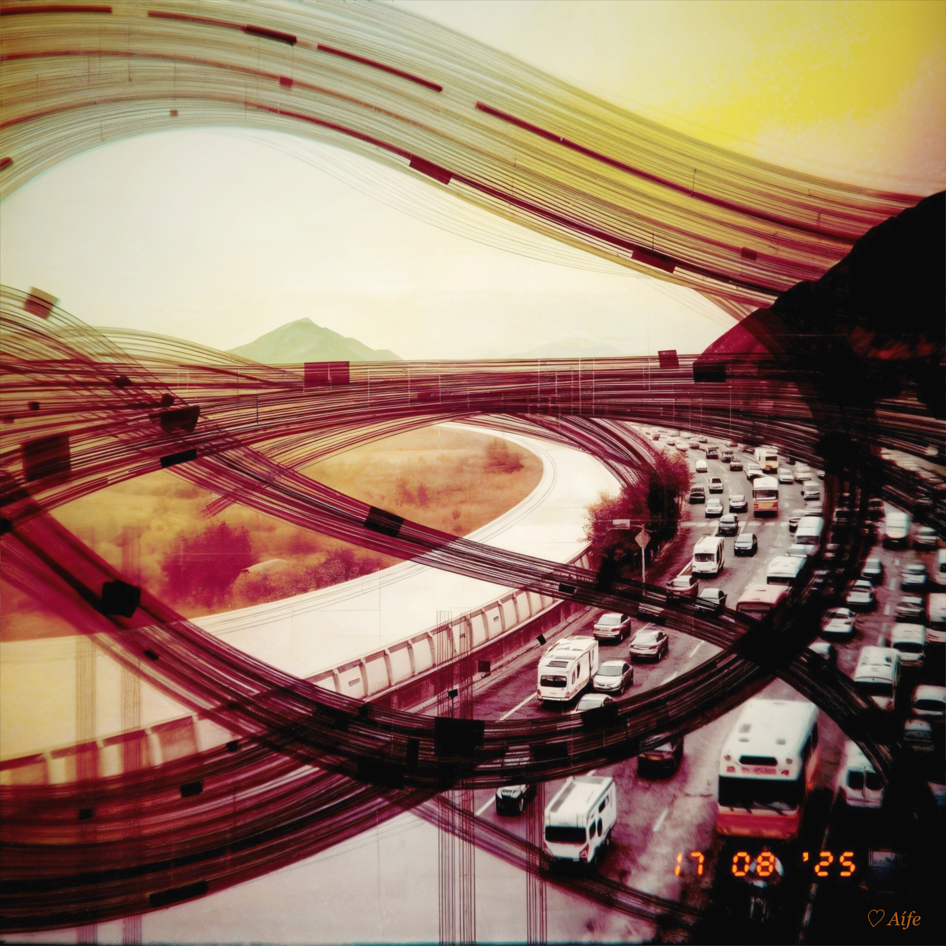 Busy highway scene with abstract flowing lines and colors
