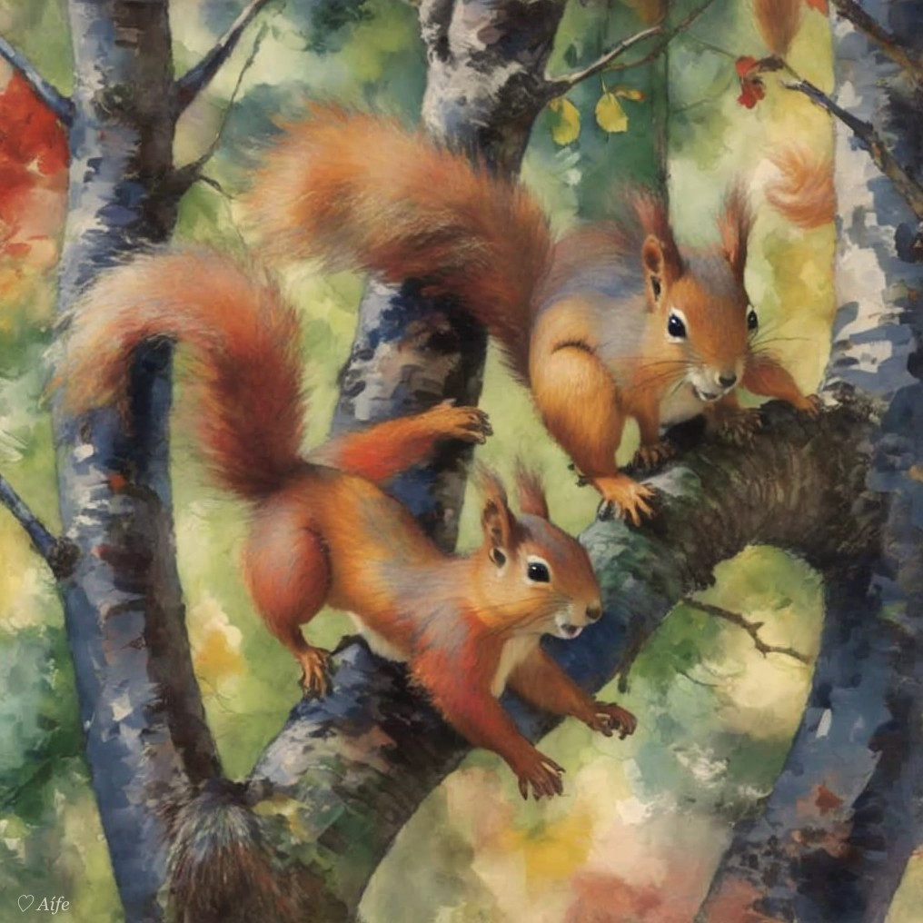 Squirrels on Tree Branch in Woodland Setting