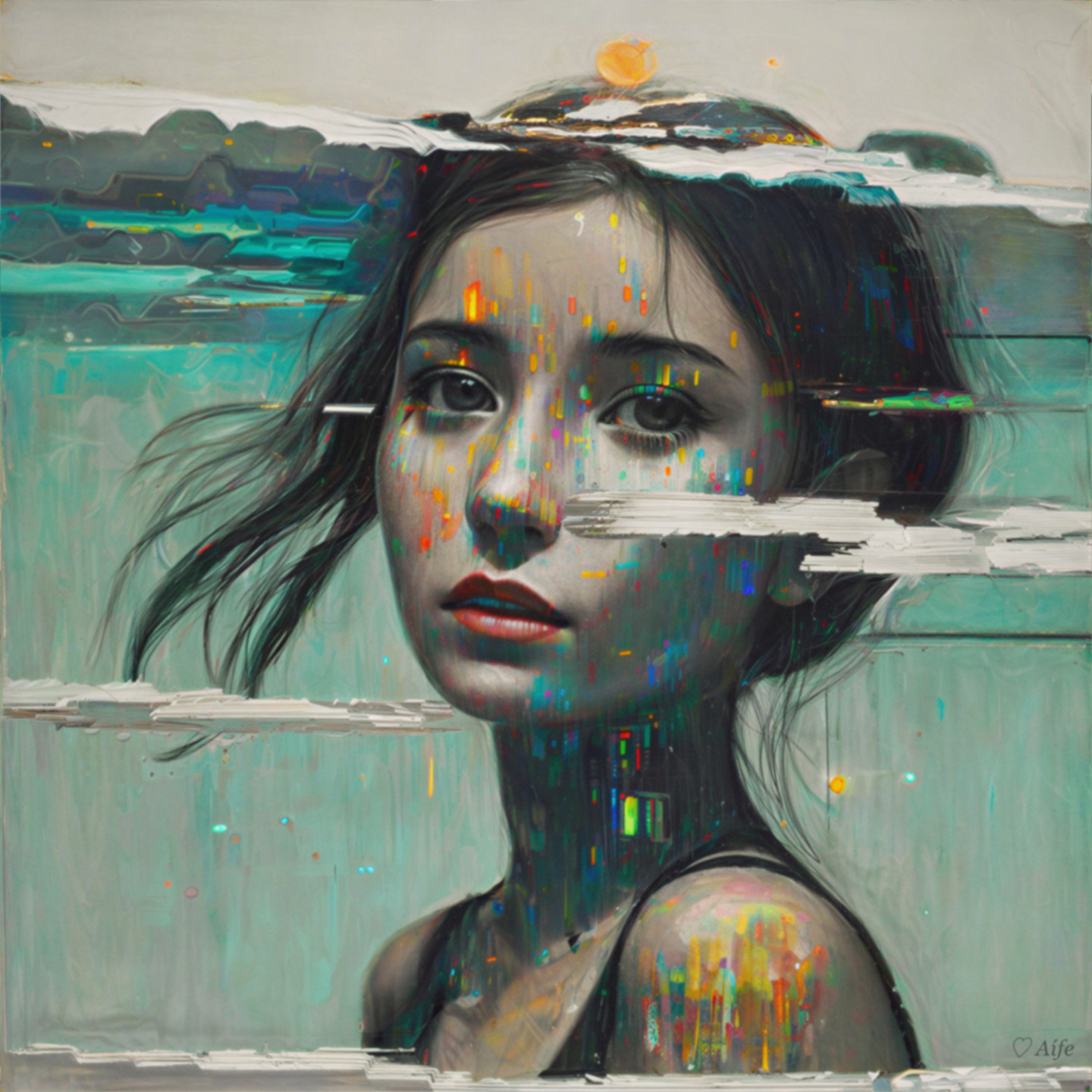Young Woman's Face with Abstract Colorful Lines