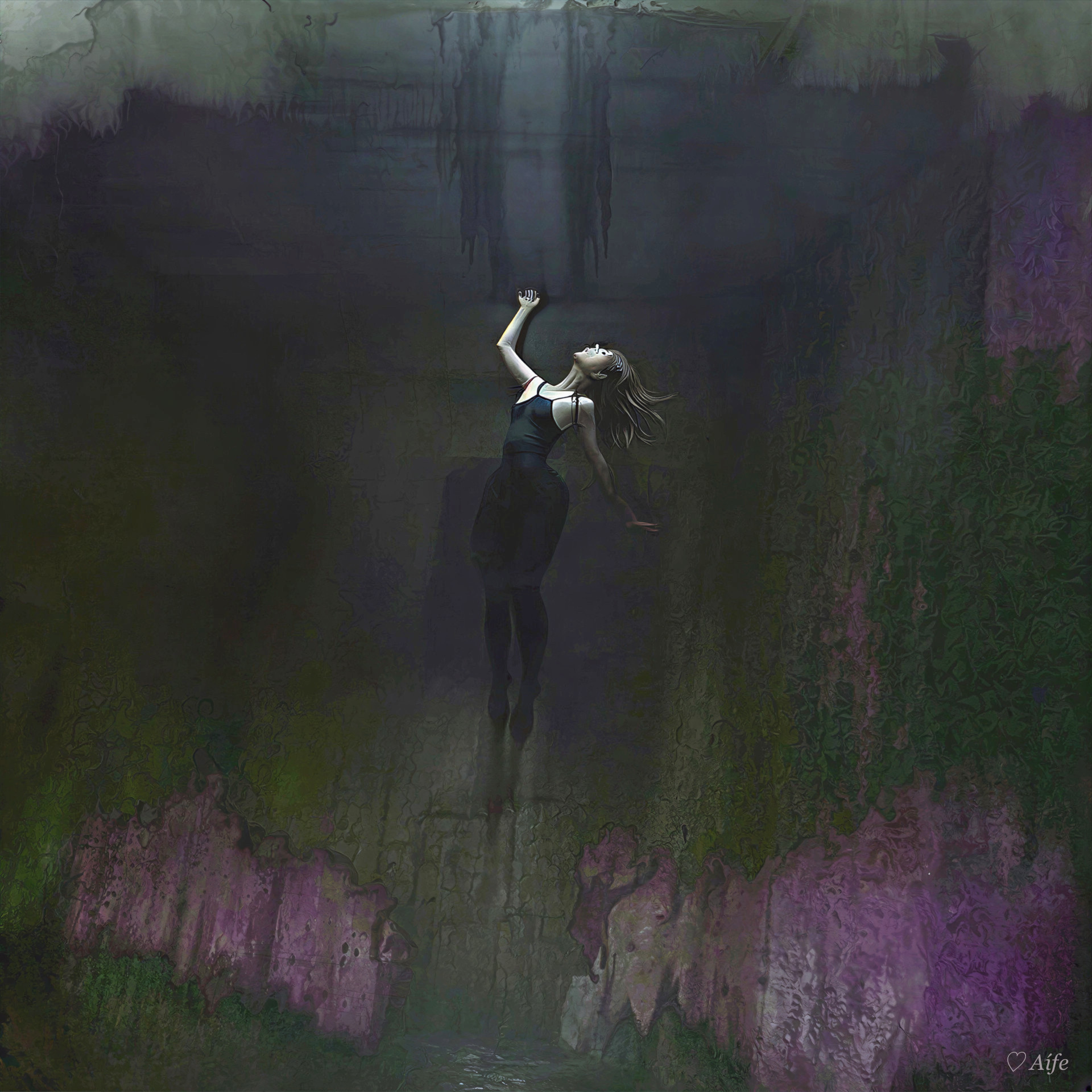 Solitary Figure in Ethereal Cavern with Light and Vines