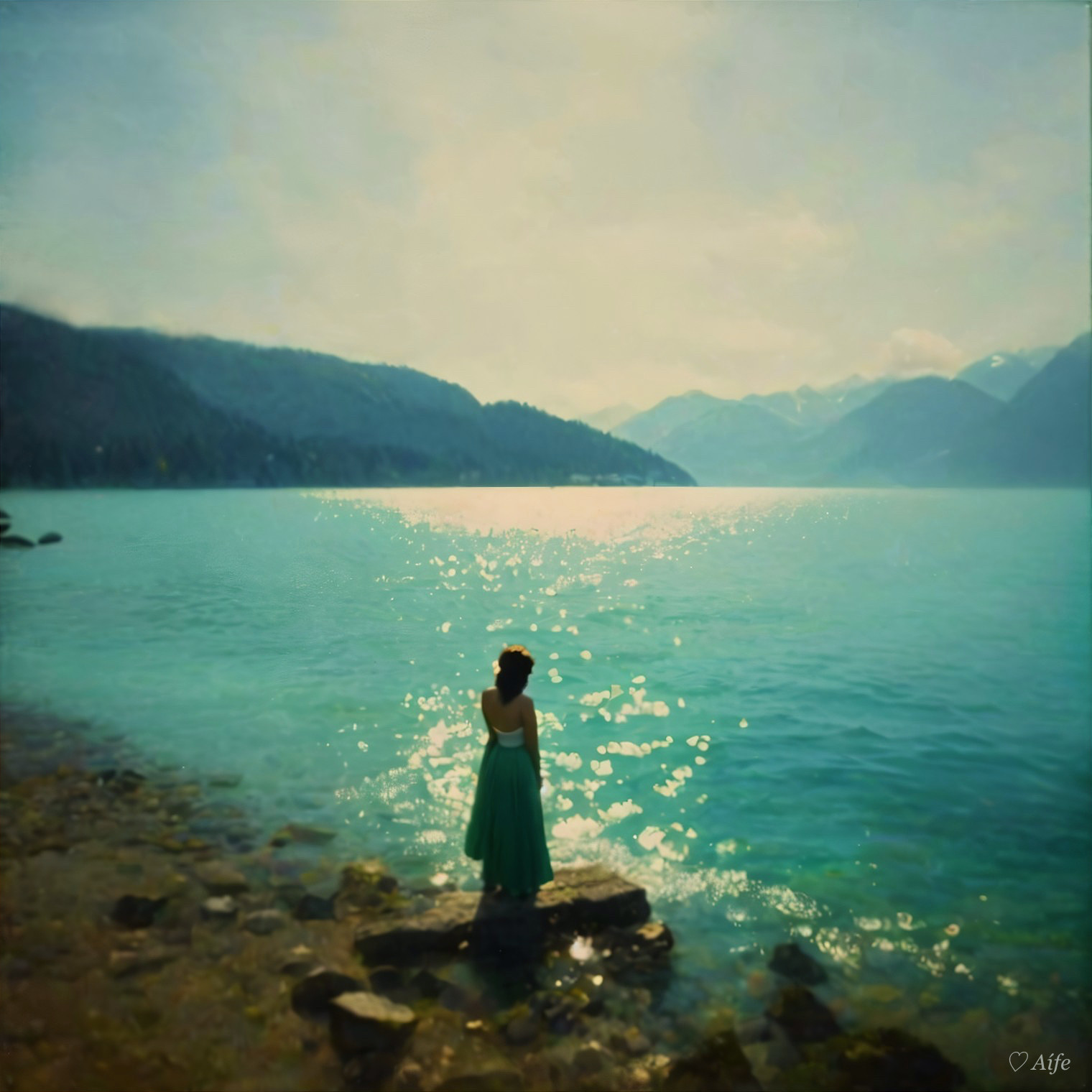Woman in Green Dress by Serene Lake and Mountains