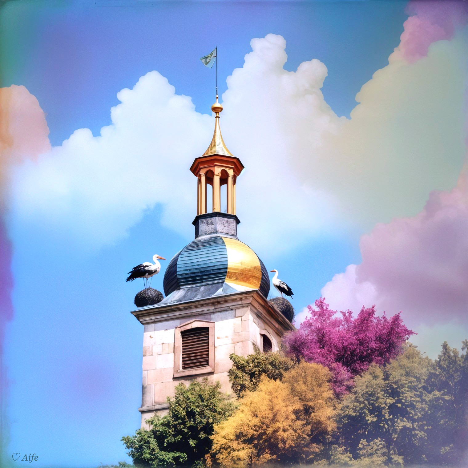 Colorful Dome Building with Storks and Vibrant Trees