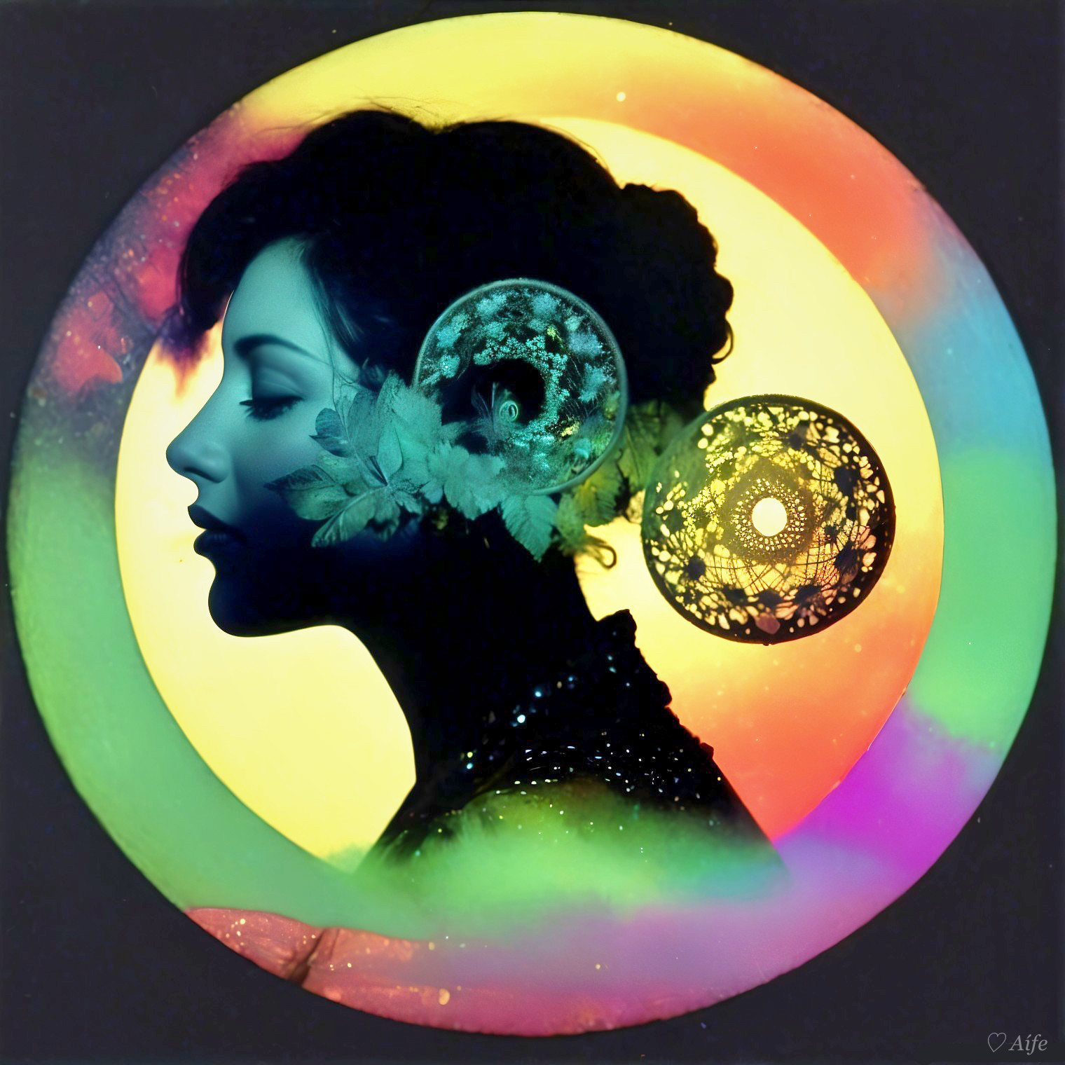 Silhouette of a Woman with Floral Patterns and Colors