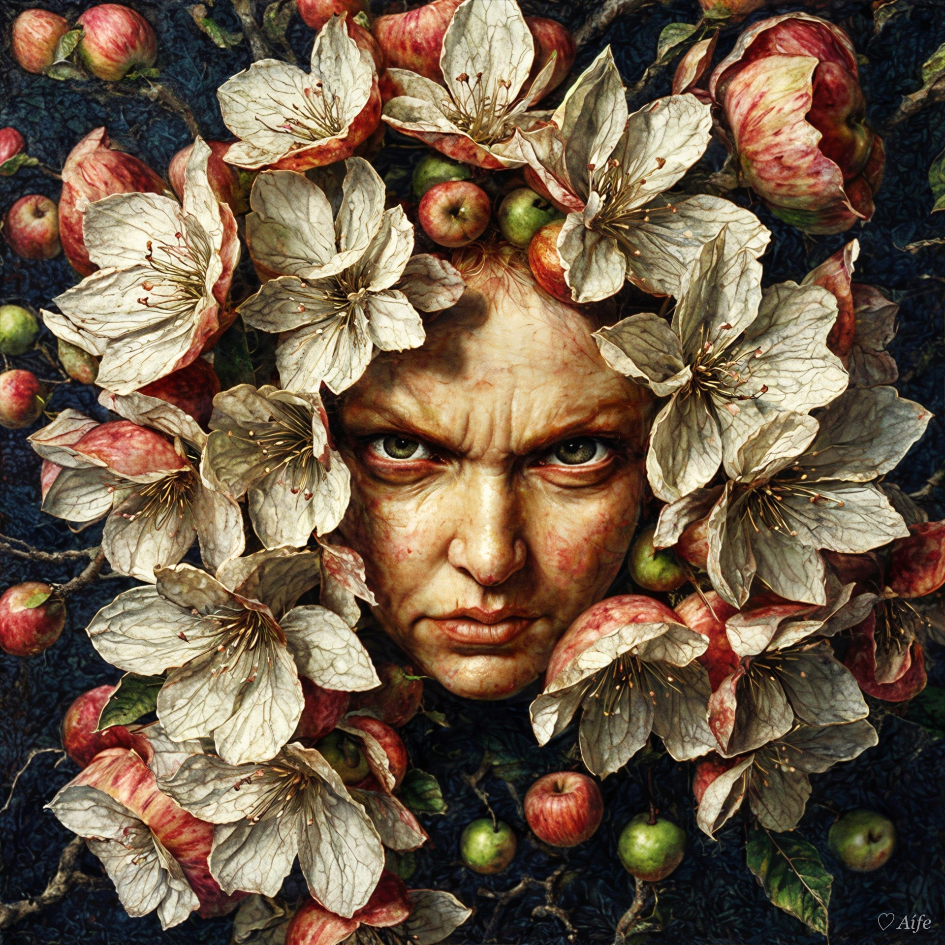 Portrait with White Blossoms and Red Apples