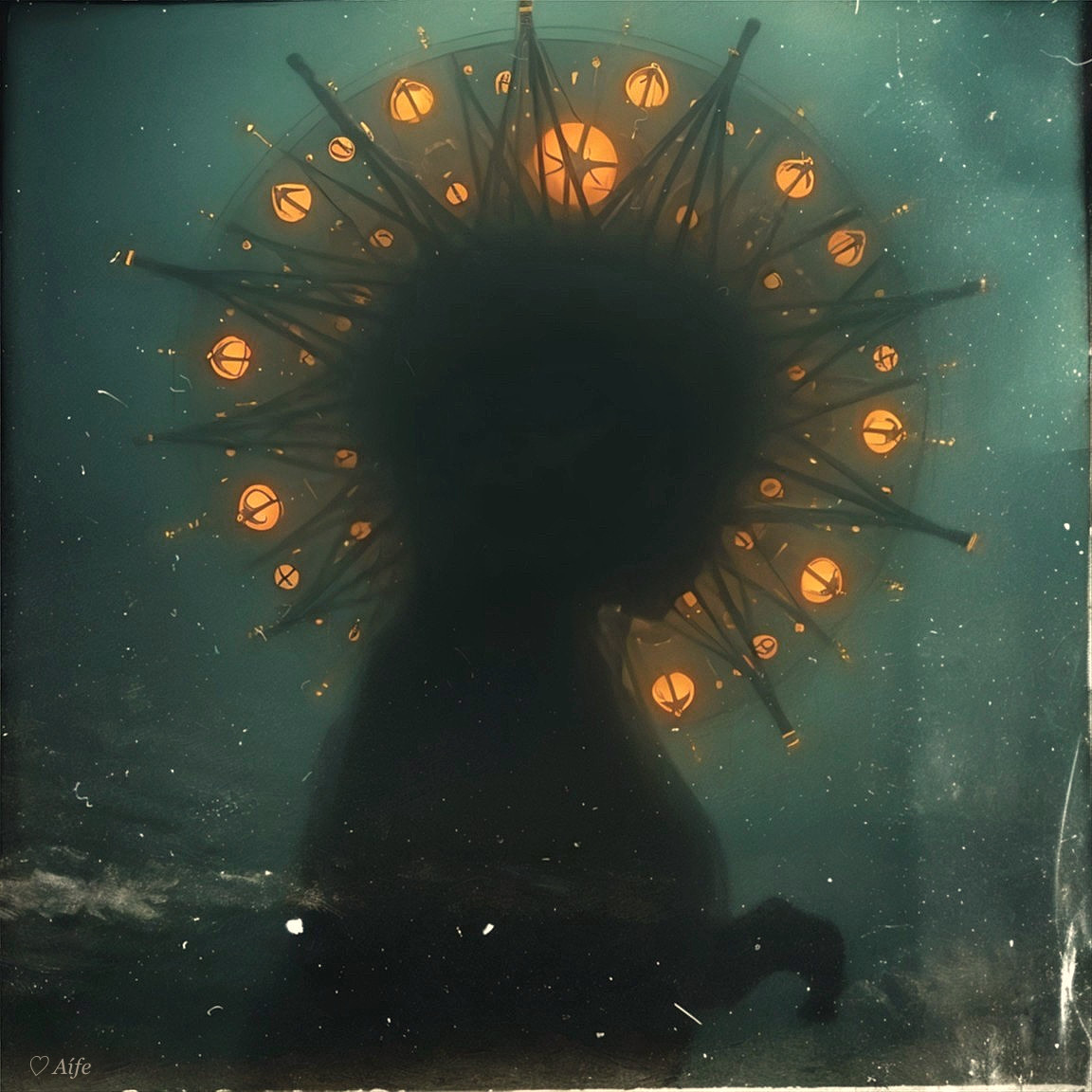 Mysterious Underwater Figure with Luminous Headdress
