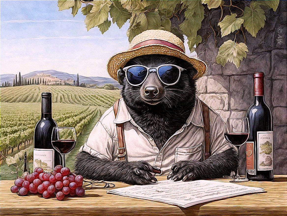 Whimsical Bear at Rustic Table in Vineyard Setting