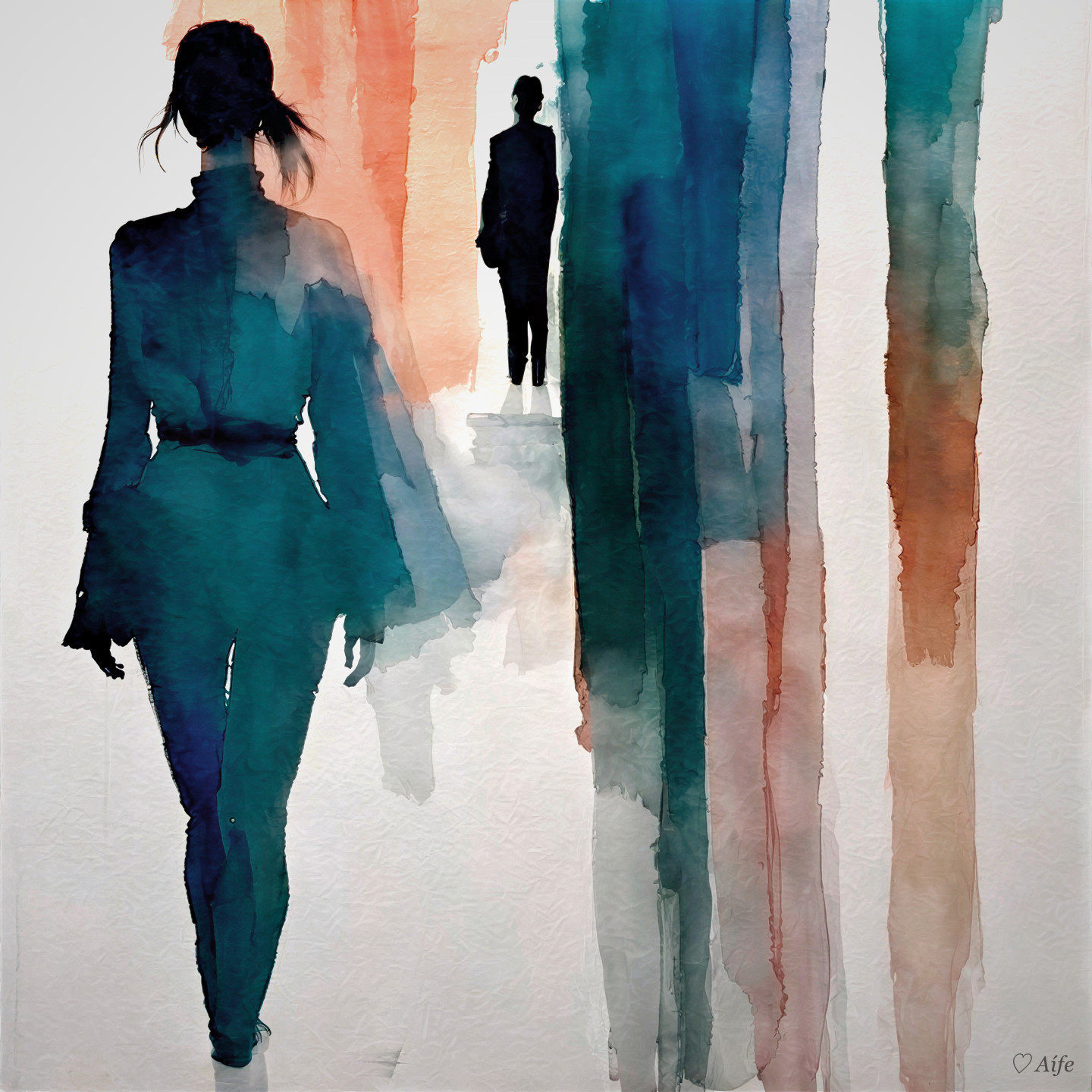 Silhouette of Woman in Vibrant Watercolor Scene