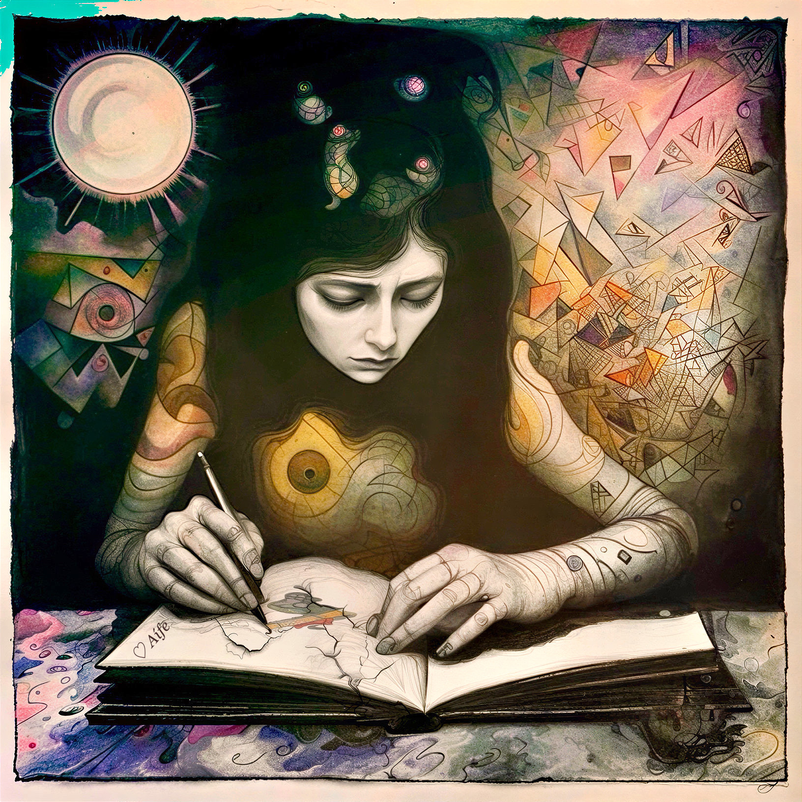 Contemplative Figure Writing Among Abstract Patterns