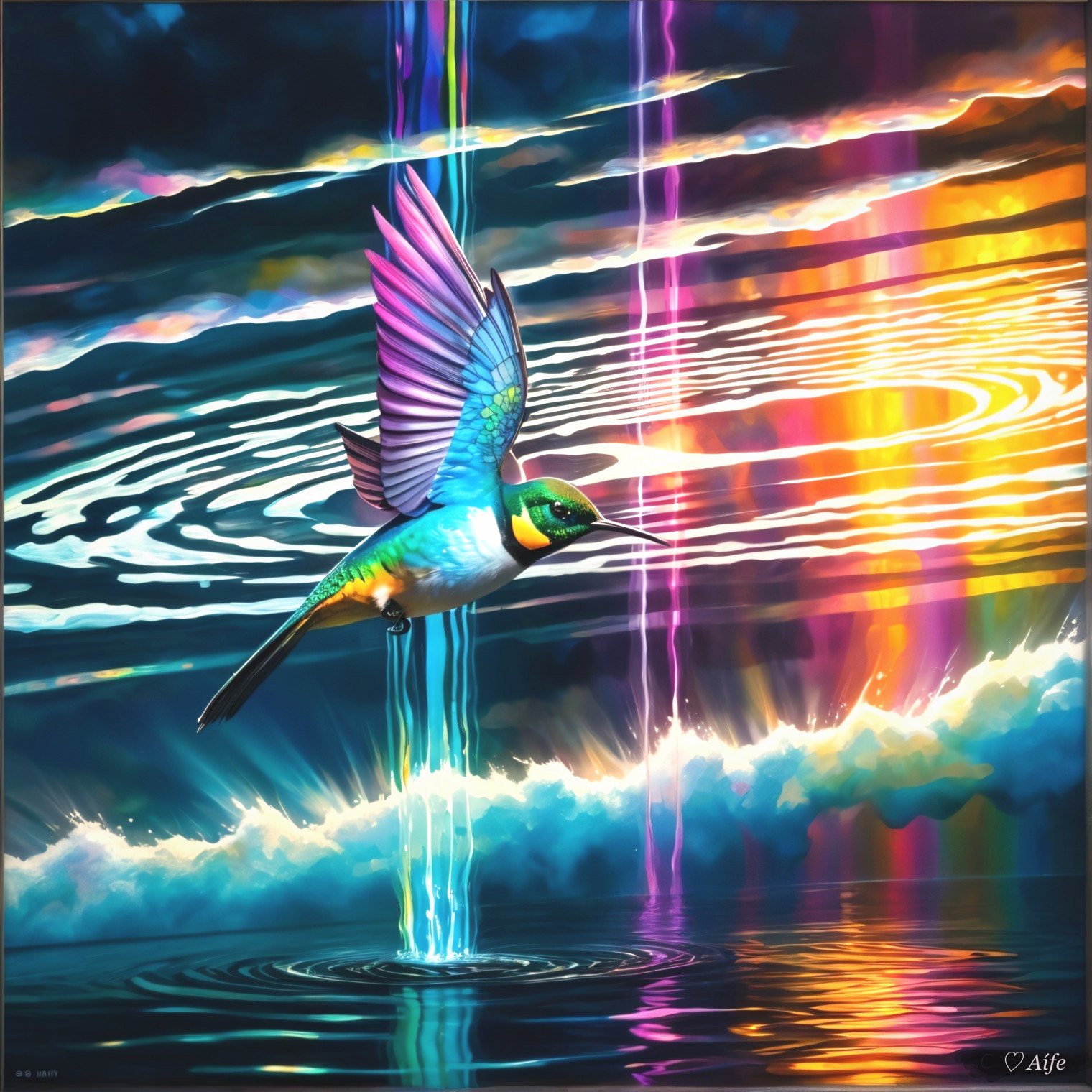 Iridescent Bird Flying Over Shimmering Water Scene