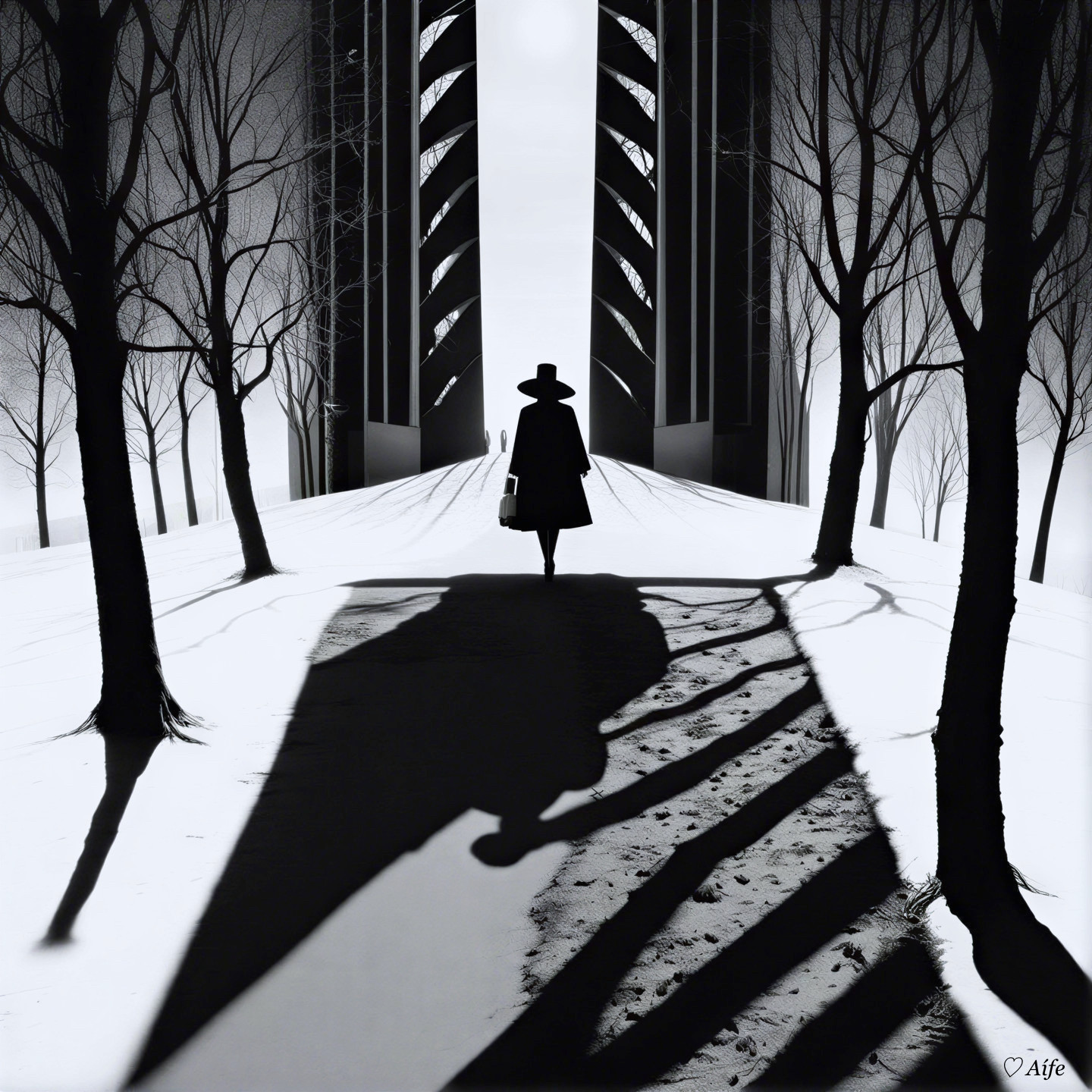 Solitary Figure on Snowy Path with Dramatic Shadows